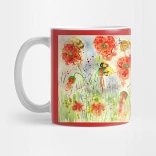 Bumblebees and a Butterfly among Crimson Poppies Mug